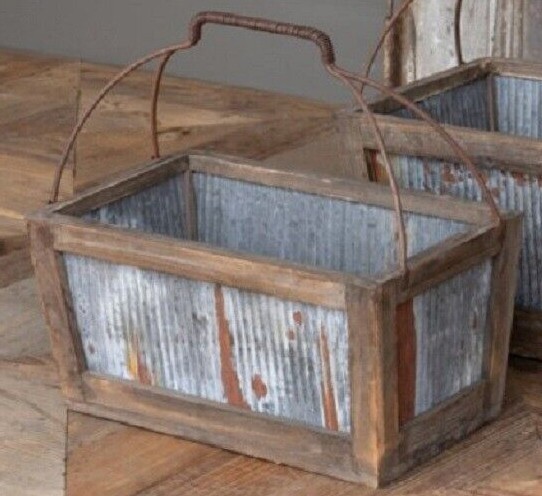 Farmhouse Basket TOTE Barn Wedding Rustic Farmhouse Tray Storage tin/Wood Basket