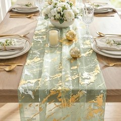 Marble Pattern Gauze Table Runner 10FT, Glitter Metallic 28″ x 120″ Sage Green