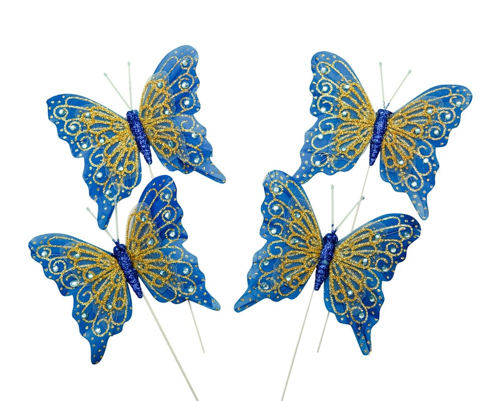 12PC 4″ Royal Blu + Gold Glitter Feather Butterfly Craft DIY Wedding Cake Topper