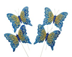 12PC 4″ Royal Blu + Gold Glitter Feather Butterfly Craft DIY Wedding Cake Topper