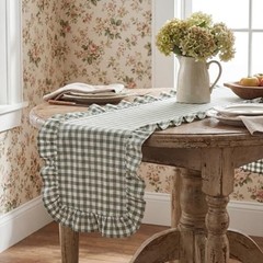 Tegeme Gingham Table Runner 12”x71” Cotton Ruffle Checkered Olive Green Plaid