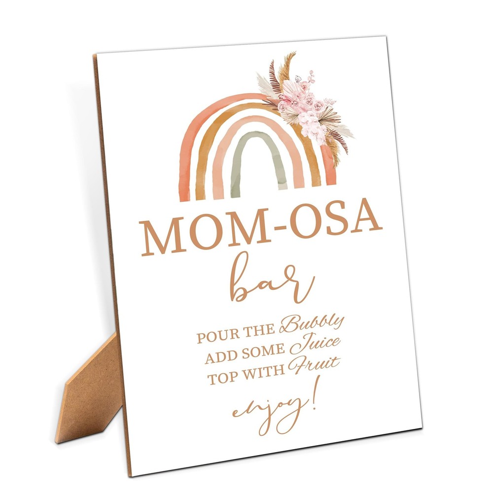 Mom-osa Bar Sign – Boho Rainbow Baby Shower Sign, 1 Pack Wooden Sign with Sta…