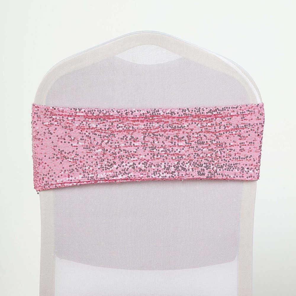 10 Pink Spandex Sequined CHAIR SASHES Ties Wraps Wedding Party Event Decorations