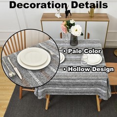 Farmhouse Striped Embroidery Square Tablecloth, Openwork Heavy Weight Linen W…