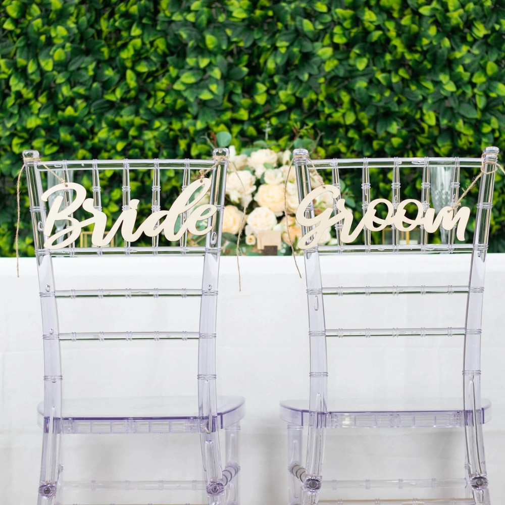 2 Natural 12×5 in Wooden Bride and Groom Chair Signs HANGING DECOR Party Events