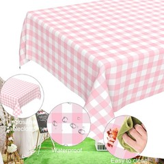 2 Pcs Pink Gingham Tablecloth, Disposable Plastic Pink Checkered Table Cloth,