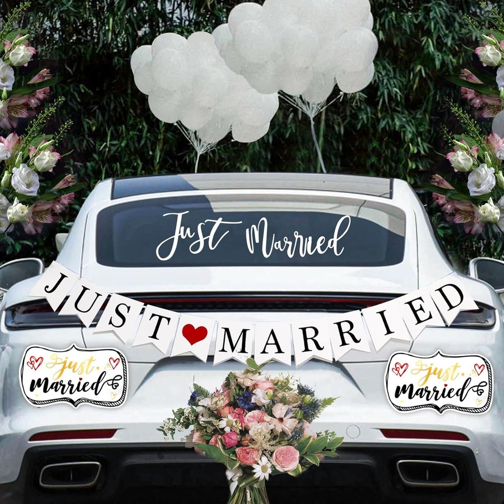 4 Pcs Just Married Wedding Car Decorations – Include Just Married Ornate Car Mag