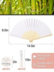 60 Set Wedding Hand Fans with Thank You Tags & Organza Bags, White Paper Fans…