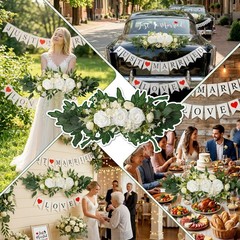 Just Married Car Decorations Kit – Floral Swag, Love Sign Banner & Window Decals