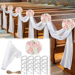 34 Pcs Wedding Aisle Pew Decor – Tulle Silk Hydrangea Flowers, White & Pink, Cer