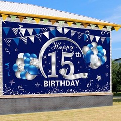 Kauayurk Blue Silver 15th Birthday Banner Decorations for Boys, Happy 15 Birt…