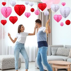 36 Pcs Valentine Heart Honeycomb Decorations Pom Poms Pink, Red, White