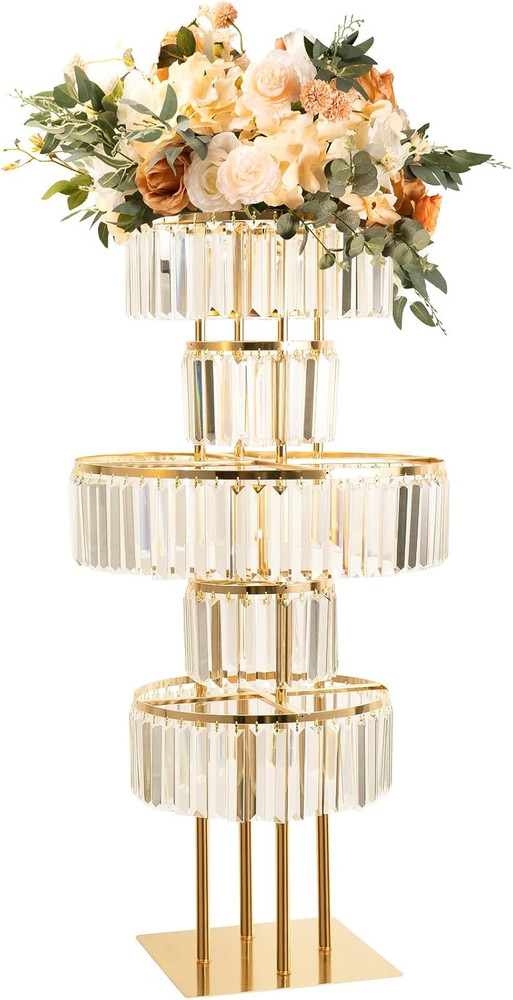Wedding Gold Vases Centerpieces Crystal Flower Stand with Hanging Crystals, 5 Ti