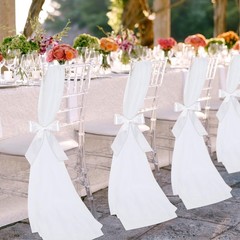 24 Sets White Chair Sashes with Ribbons & Tulle – Wedding Aisle Decor, Pew Decor