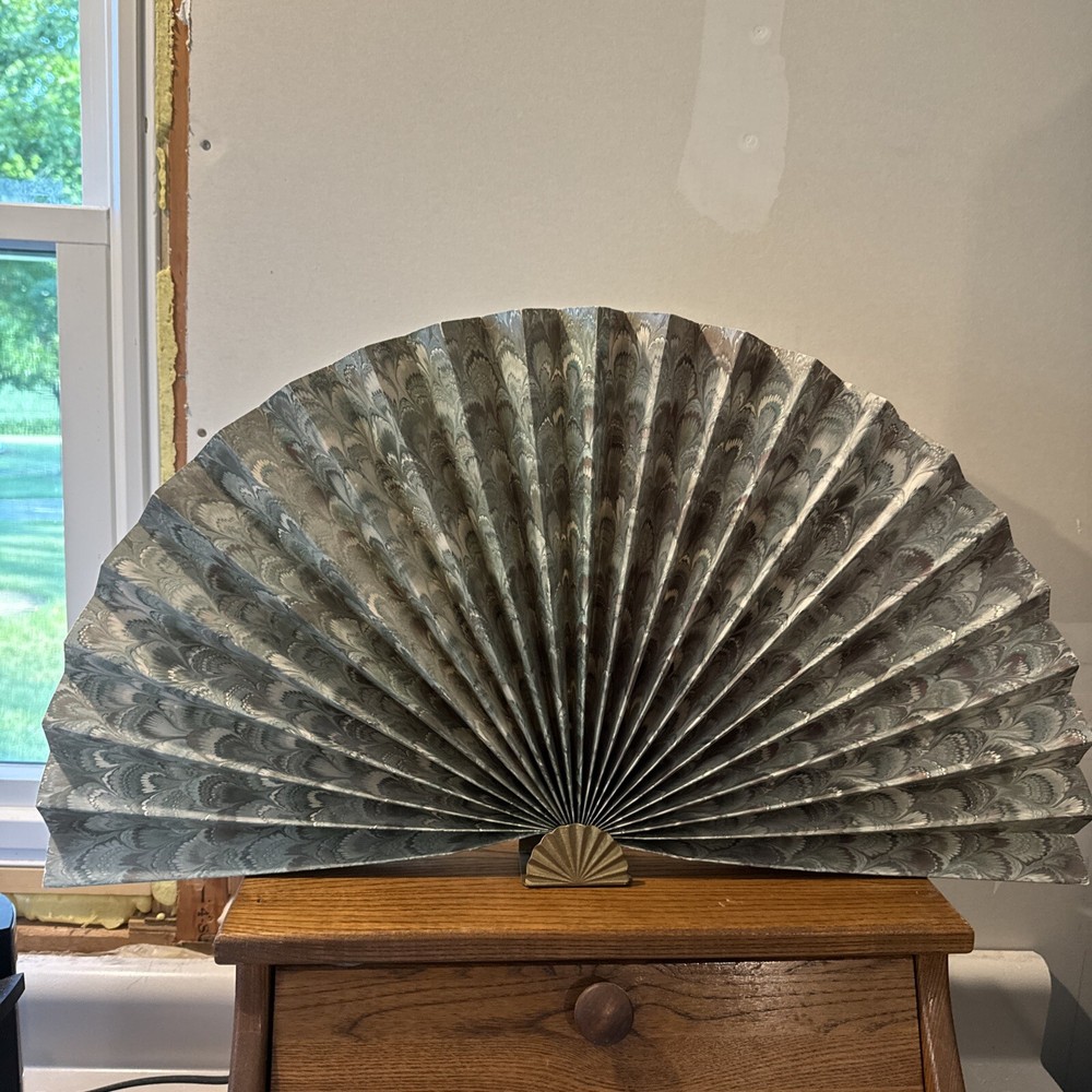 Vtg CBK LTD 1988 Paper Decorative Fan Brass Base Green Paisley Print 24×13 in