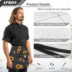 Waist Apron, Waist Server Aprons with 3 Pockets Reusable Waterproof Half Apro…