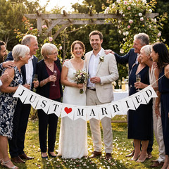 Just Married Banner Pre-Strung Wedding Banner Bunting Photo Booth Props Garland