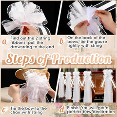 Large White Wedding Pew Bows with Tulle Tails – 12 Set Aisle Decorations