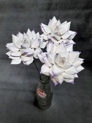 3 Handmade Paper Flowers on stems (White w/Purple tips) for Wedding, Valentine’s