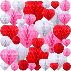 36 Pcs Valentine Heart Honeycomb Decorations Pom Poms Pink, Red, White