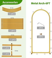 6 FT Metal Arch Backdrop Background Stand Frame for Wedding Birthday Party Gold
