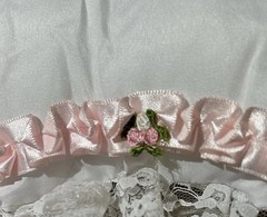 Lace Heart-Shaped Pillow. White With White Lace and Pink Trim. 9”x7”