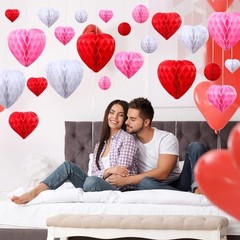 36 Pcs Valentine Heart Honeycomb Decorations Pom Poms Pink, Red, White