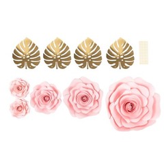 9 PINK 3D Rose Paper Flowers with Gold Monstera Leaves Wedding Decorations