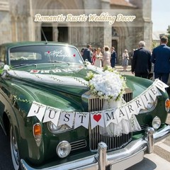 Just Married Car Decorations Set – White Wedding Car Ribbon & Flower Kit with