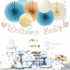 Light-Dusty Blue Boho Baby Shower Party-Decorations – 21pcs Beige Champagne B…