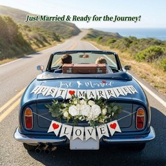 Just Married Car Decorations Kit – Floral Swag, Love Sign Banner, Window Decals
