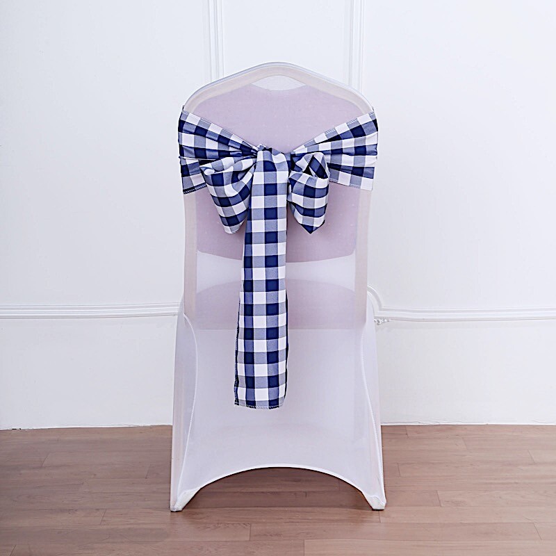 10 Navy Blue on White Gingham Buffalo Plaid Polyester CHAIR SASHES Decorations