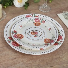 25 IVORY 7″ Paper Round Plates with Vintage Rose Flower Print Wedding Events