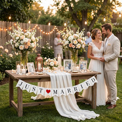 Just Married Banner Pre-Strung Wedding Banner Bunting Photo Booth Props Garland