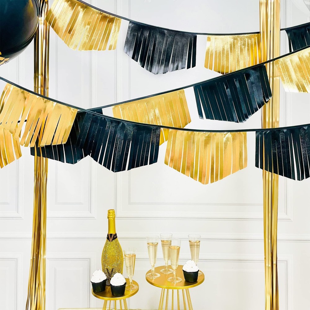 Black and Gold Tassel Banner Double Sided Metallic Fabric Pennant Bunting Fla…
