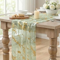 Marble Pattern Gauze Table Runner 10FT, Glitter Metallic 28″ x 120″ Sage Green