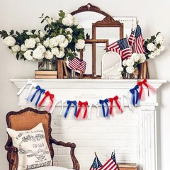 Patriotic Red White Blue Bow Satin Garland 4th of July Party Decorations 6.5 Ft
