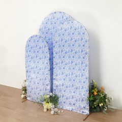 3 WHITE BLUE Chinoiserie Floral Satin Round Top Backdrop STAND COVERS Set Party