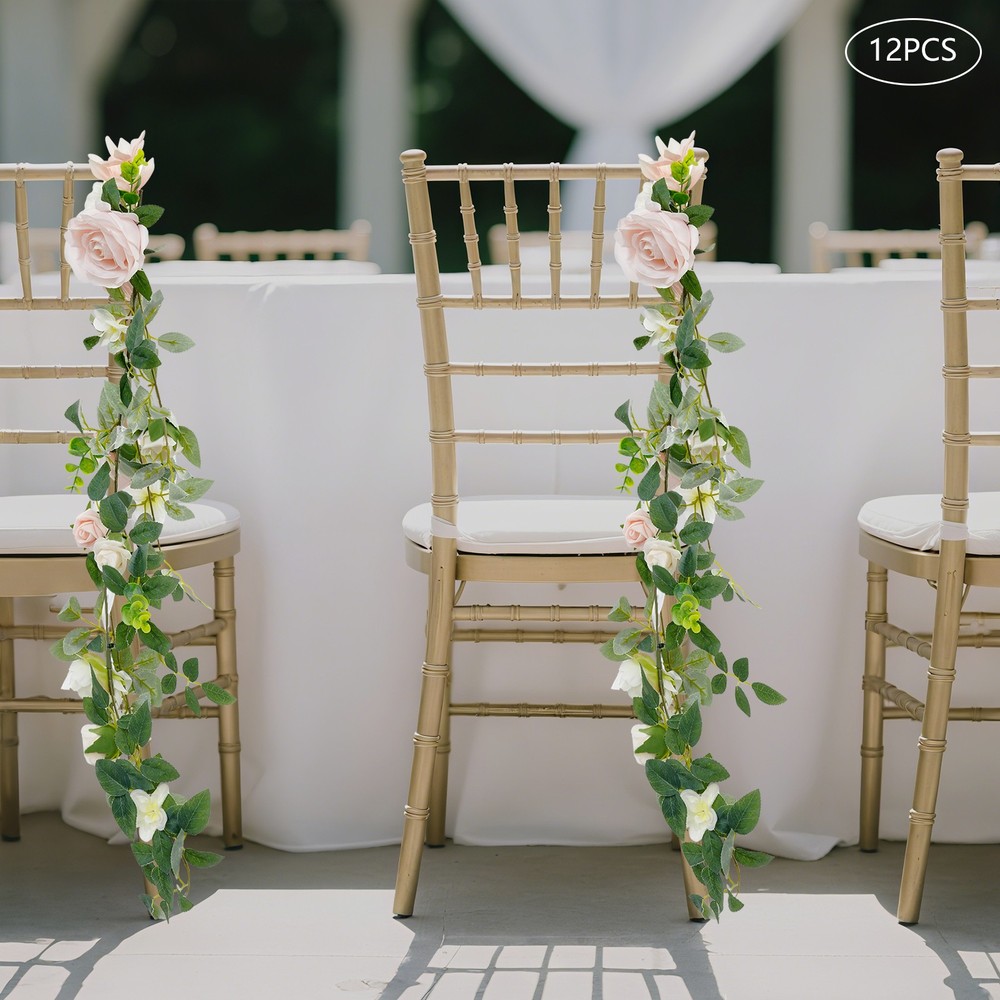 12 Pcs Artificial Wedding Chair Rose Flowers with Ribbons Pink White Green