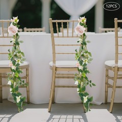 12 Pcs Artificial Wedding Chair Rose Flowers with Ribbons Pink White Green