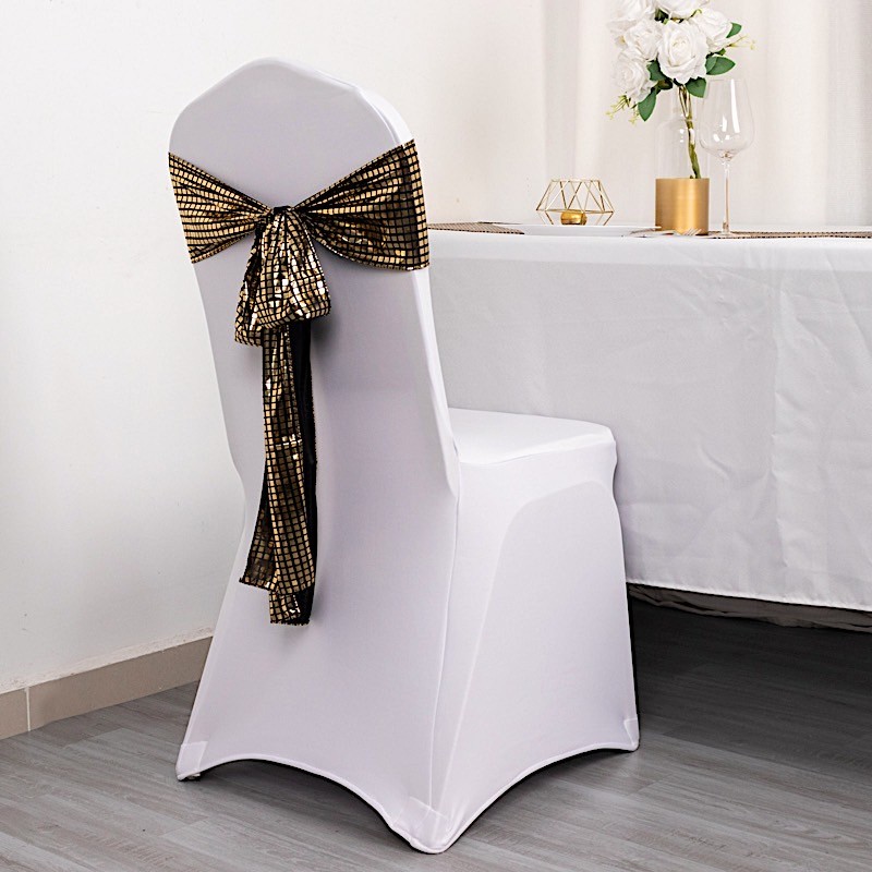 5 BLACK GOLD Polyester CHAIR SASHES Mirror Foil Design Party Events Decorations