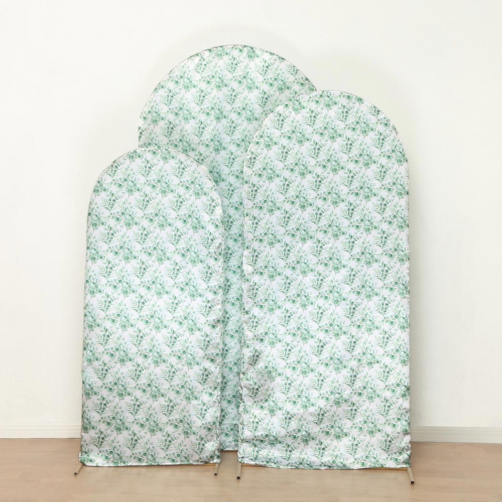 3 WHITE GREEN Eucalyptus Floral Satin Round Top Backdrop STAND COVERS Set Party