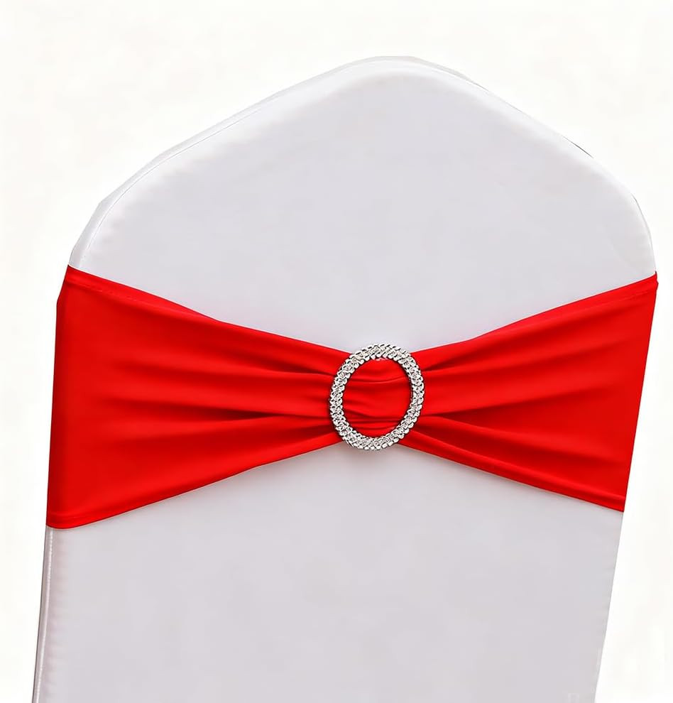 Red Chair Sashes 50 Pack, Spandex Red Chair Bands Bows for Wedding Party Birthda