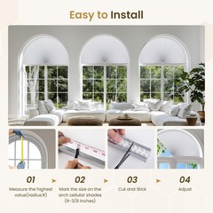 Grandekor 2 Pack No Drill Arch Window Shades 48″ Wx24 H Blackout Cordless Hon…