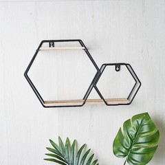 BLACK NATURAL 2 Tier Hexagon Metal Wood Geometric Floating Shelf Decorations