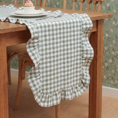 Tegeme Gingham Table Runner 12”x71” Cotton Ruffle Checkered Olive Green Plaid