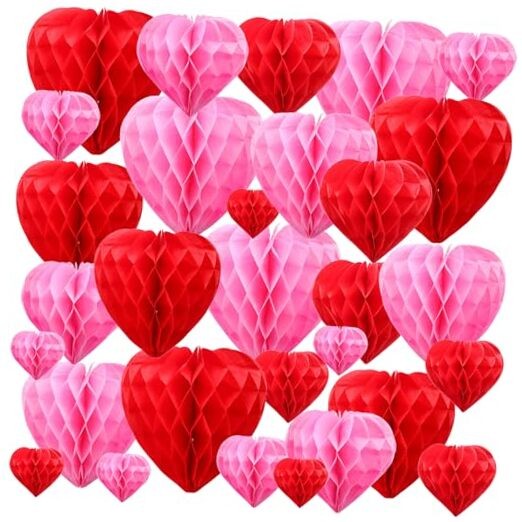 30 Pcs Heart Honeycomb Party Decorations Tissue Paper Heart Shaped Red Pink