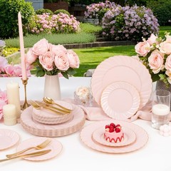 YOUBET 125Piece Pink Plastic Plates with Gold Rim – Scalloped Plastic Plat