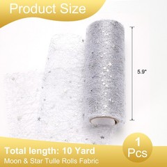 Moon & Star Tulle Rolls Fabric, 6″ x 10 Yard Nylon Tulle Ribbon, Silver