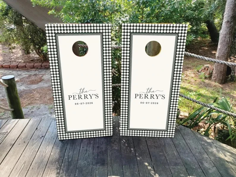 Custom Wedding Cornhole Wraps or Boards – Checkered Black and Ivory Design